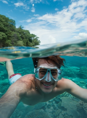 An activity designed to be done in the ocean from the surface of the water, making short and safe descents.                 Snorkeling